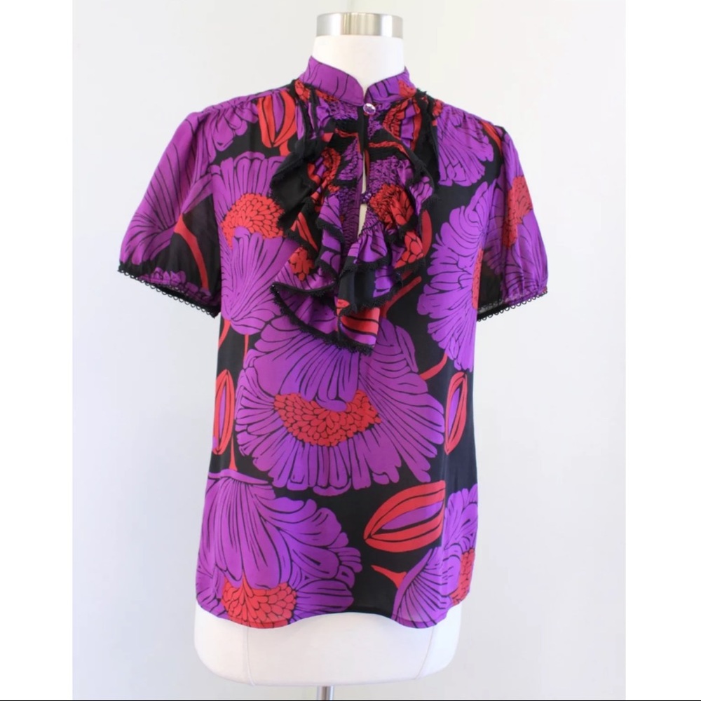 Trina Turk Silk Floral Short Sleeve Ruffle Blouse